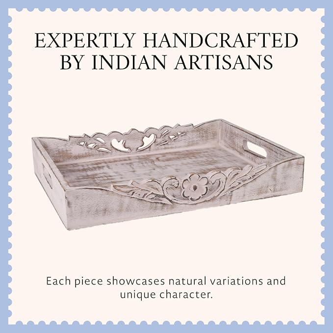 Mela Artisans 16” x 12” x 2.5” Mango Wood Orchid Serving Tray with Handles – Ottoman Distressed White– Large Handcrafted Wooden Serving Board for Coffee, Snacks & Home Décor