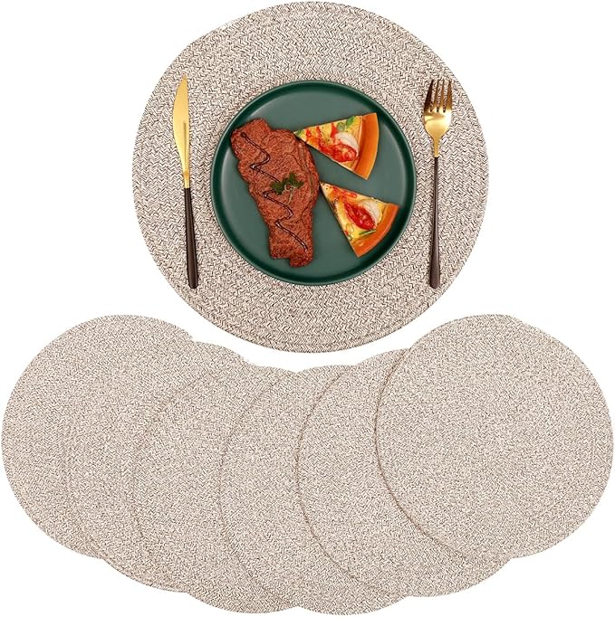 6Pcs Round Cotton Woven Placemats, 13.8'' Mix Brown Woven Vintage Place Mats, Woven Plate Chargers Wicker Tablemats Farmhouse Boho Braided Heat Resistant Outdoor Placemat Patio Table Mats