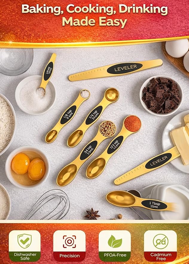 Magnetic Measuring Spoons Set with Strong N45 Magnets, Heavy Duty Stainless Steel Metal, Fits in Most Kitchen Spice Jars for Baking & Cooking, BPA Free, Multicolor, Set of 8 with Leveler(Gold)