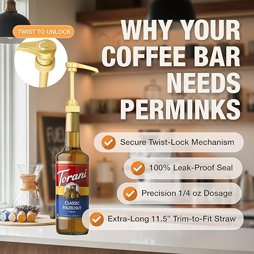 PERMINKS Premium Coffee Syrup Pump Dispenser, Fits 750ml Torani, Skinny & Davinci Bottles, Precise 1/4 oz Flow, Lockable Leak-Proof Design for Coffee Bar Accessories & Essential (4-Pack, Gold)