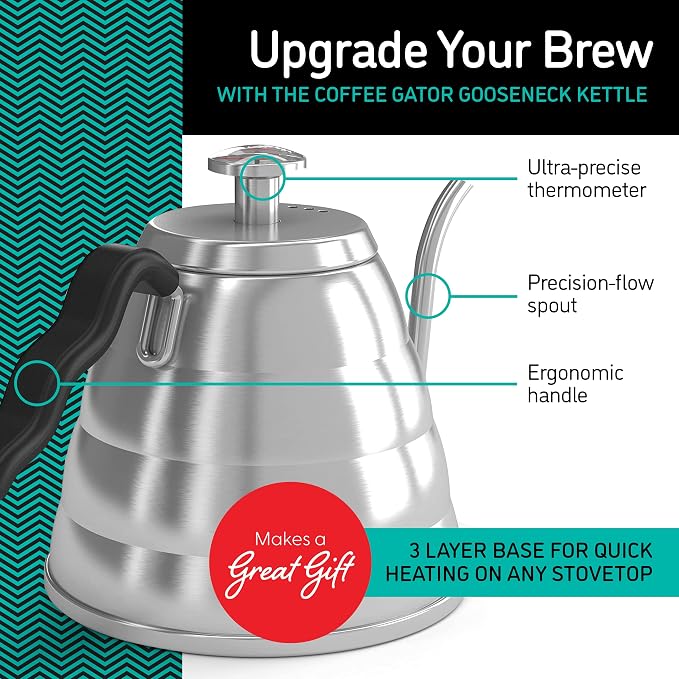 Coffee Gator Gooseneck Kettle with Thermometer - 40oz Premium Stainless Steel Pour Over Coffee Maker Kettles, Stove Top, w/Precision Drip Spout, for Drip Coffee, French Press, Tea Kettle, 5 Cup, 1.2L