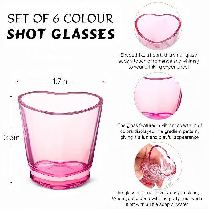 ZZYFGH 6 Pack Pink Shot Glasses Set, Heart Shaped Shot Glasses Set 1.5 oz Shot Glass with Heavy Base, Shot Glasses for Whiskey, Tequila, Vodka, Spirits & Liquors, Mother's Day Decor