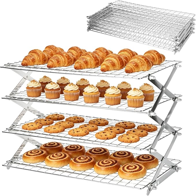 4 Tier Collapsible Cooling Rack for Cooking and Baking, Adjustable Foldable Baking Rack with 3 Height Settings, Heavy Duty Stainless Steel Wire Rack for Cookies, Bread, Cakes, Dishwasher Safe