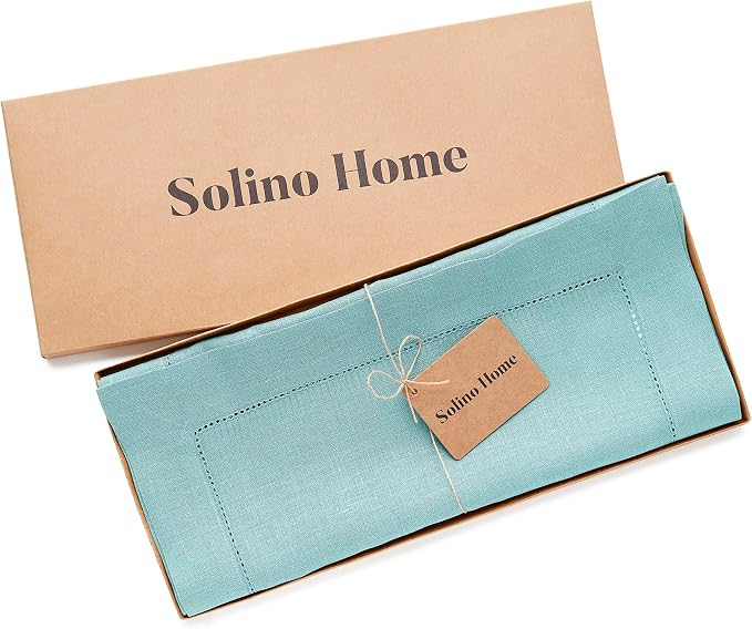 Solino Home Linen Aqua Blue Table Runner 156 Inches Long - 100% Pure Linen Extra Long Table Runner 14 x 156 Inch for Summer - Classic Hemstitch