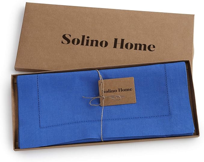 Solino Home Linen Royal Blue Table Runner 132 Inches Long - 100% Pure Linen Extra Long Table Runner 14 x 132 Inch for Summer, 4th of July - Classic Hemstitch