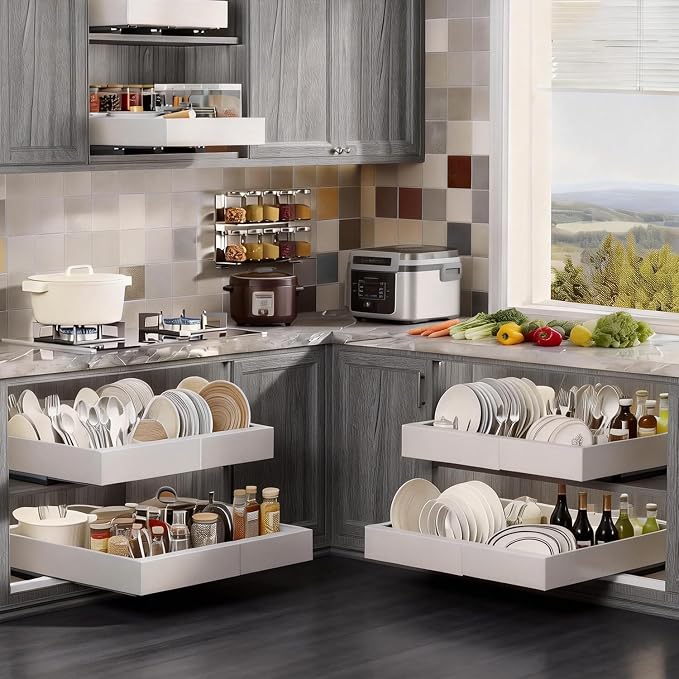 2-Pack Expandable Pull Out Cabinet Organizer 21" Deep with 3 Slide Rails, Adjustable Width (12"-22") Drawer Organizer for Kitchen Pantry Base Cabinets, Fixed with Roll Out Shelves Adhesive, White