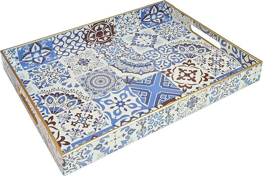 Spsyrine Decorative Serving Tray with Handles, Lacquered Coffee Table Tray for Ottoman, Rectangular Waterproof Platters for Centerpieces, Parties, Living Room, Kitchen Counter Organization SP3040RE1