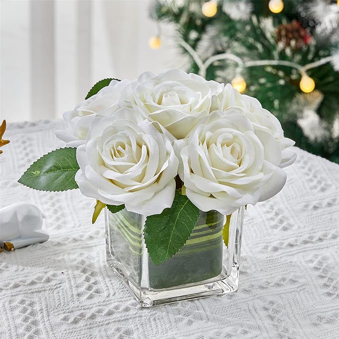 Fule Artificial Velvet Rose Flower Centerpiece Arrangement in vase for Home Wedding Decoration (Ivory)