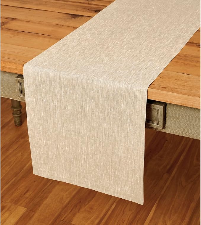 Solino Home Linen Table Runner 90 Inches Long - Athena, 100% Pure Linen Champagne Beige 14 x 90 Inch Table Runner for Dining, Spring, Summer