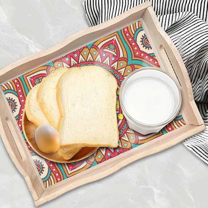 Generic DIY Diamond Serving Tray Rectangular Upgrade Increase Wooden Breakfast Tray with Handles Handmade Diamond Art Painting Dinner Plate for Coffee Living Room Home Organizer-Mandala06