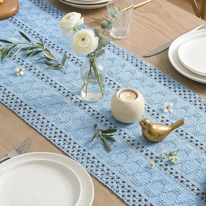Artoid Mode Sky Blue Farmhouse Woven Rustic Hollow Table Runner, Seasonal Holiday Hollow Kitchen Dining Table Decoration for Home Party Decor 12x72 Inch