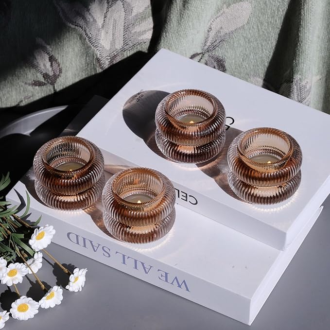 Woho Ribbed Amber Votive Candle Holders Set of 12 for Wedding Table, Vintage Glass Tealight Candle Holder for Fall Decor, Boho Tea Lights Candle Holder for Thanksgiving (Brown, 2.1" H X 2.75" D)