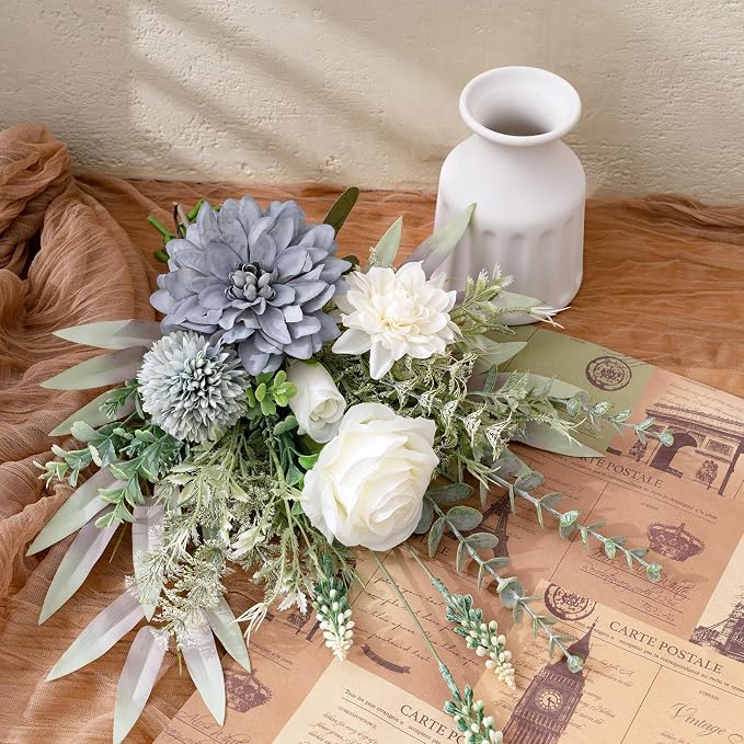 Fake Flowers in Vase, Artificial Flowers with Vase, 15.7'' Floral Arrangements for Dining Table Centerpiece Decor, Silk Roses & Faux Dahlia Bouquet for Farmfouse Kitchen Coffee Table Decor (Blue)