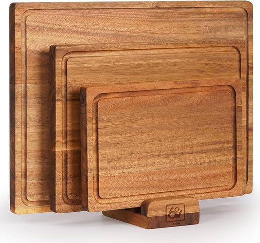 Acacia Wood Cutting Board Set of 3 – 2-in-1 Reversible Butcher Blocks & Serving Trays with Juice Groove, 100% Natural Hardwood, Multi-Size, Gift Box Ready