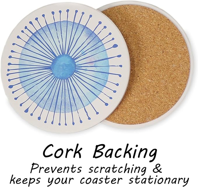 AD Set of 6 Coasters for Drinks Absorbing Round Ceramic Stone Coaster with Cork Base,Tabletop Protection Mat for Mugs and Cups,Office,Kitchen (Blue Watercolor with Holder)