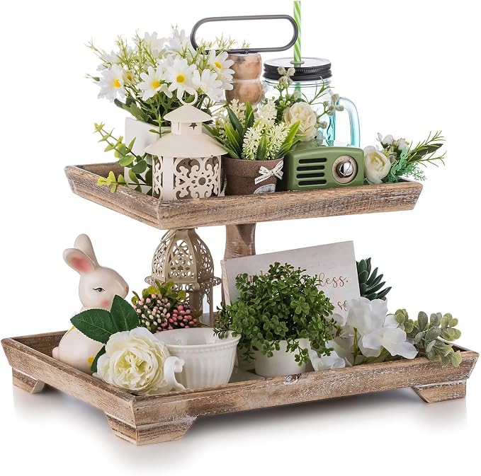 Hanobe 2 Tiered Decorative Tray Stand for Coastal Coffee Table Decor | Large Farmhouse Display Stands for Seasons - Wood for Kitchen Counter Decorations