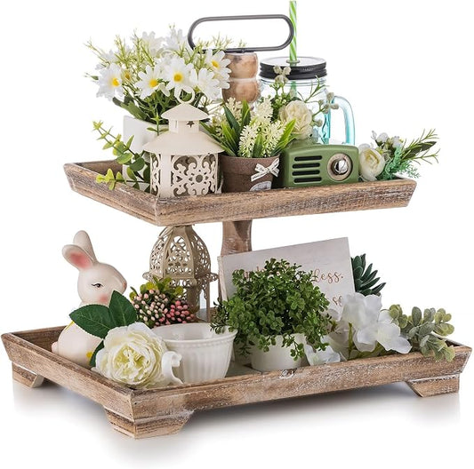 Hanobe 2 Tiered Decorative Tray Stand for Coastal Coffee Table Decor | Large Farmhouse Display Stands for Seasons - Wood for Kitchen Counter Decorations