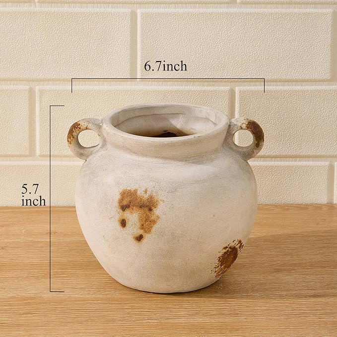 MIYUKI Rustic Kitchen Utensil Holder, Vintage Ceramic Utensil Crock with Handle, Antiquing Kitchen Countertop Organizer