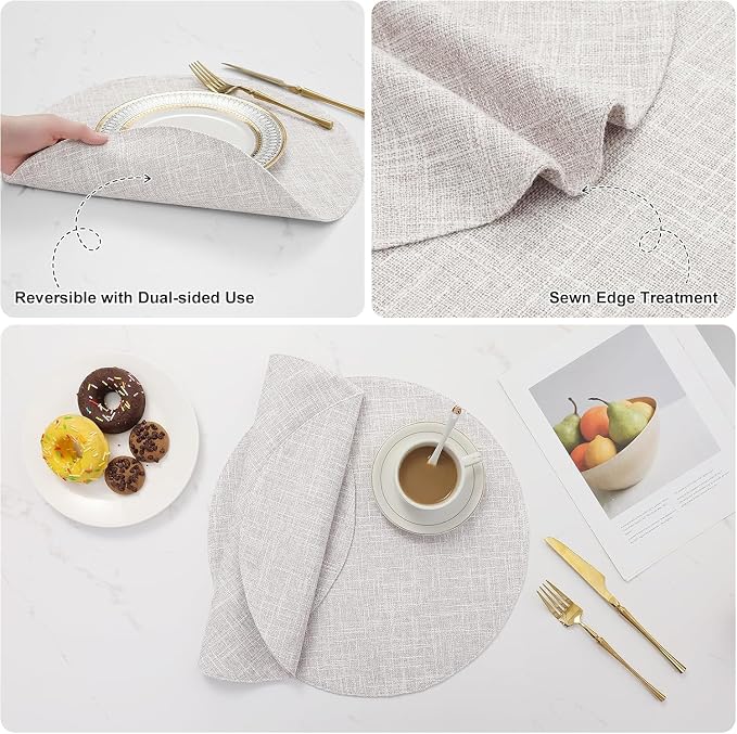 homing 15 Inch Round Cloth Placemats Set of 8, Cotton Linen Blend Washable Table Mats, Farmhouse Dining Place Mats for Indoors & Outdoors, Easy to Clean, Beige