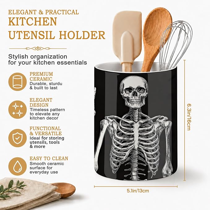 Utensil Holder for Countertop,Funny Skull Ceramic Utensil Crock Organizer for Home Kitchen Spoons,Spatulas and Cooking Tools