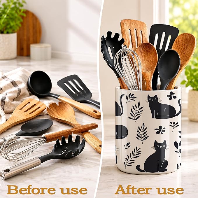 Funny Black Cat Utensil Holder for Countertop,Flowers Plants Ceramic Utensil Crock Organizer for Home Kitchen Spoons,Spatulas and Cooking Tools