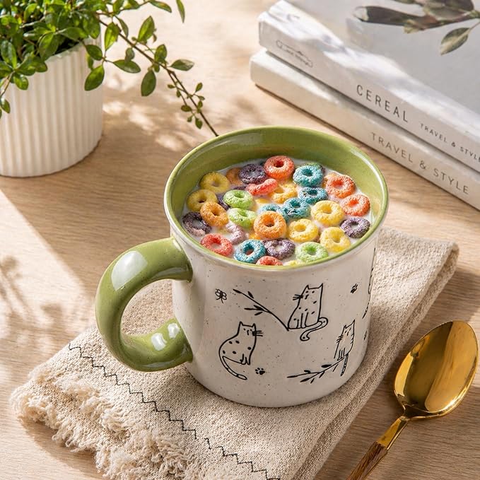 AmorArc 22 OZ Large Ceramic Coffee Mugs Set of 2, Oversized Mugs With Big Handle for Men Women Dad Mom, Big Mug With Textured Dogs Cats Patterns for Office & Home -Microwave Safe, 2 Pcs-Green