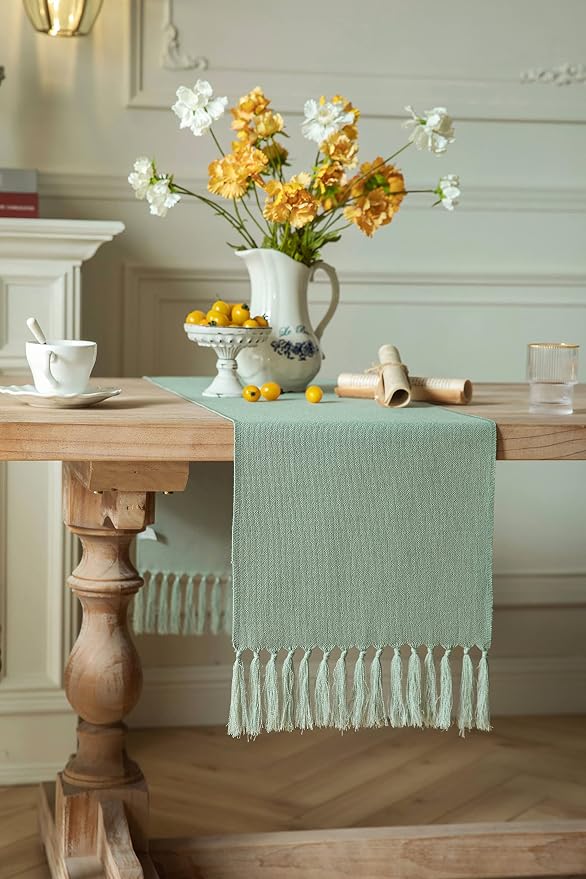 ZeeMart Sage Table Runners 48 Inches Long, Burlap Linen Style Rustic Farmhouse Table Runner, Small Short Boho Coffee Table Runner, 13x48 Inches, Seafoam