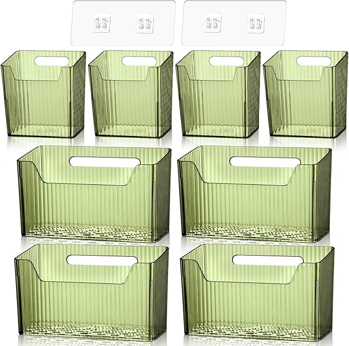 SiliFine 8 Pcs Storage Organizer Bins Wall Mounted Organizer Basket Plastic Cabinet Door Bins Stackable Hanging Baskets for Organizing for Wall Refrigerator Kitchen Bathroom Pantry(3.94'',Green)