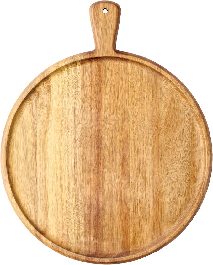Charcuterie Board - Round Acacia Wood Cutting Board for Kitchen with Handle, Cheese Board for Chopping Vegetables, Bread, Fruits, Meat - Decorative Wooden Serving Tray House Warming Gift