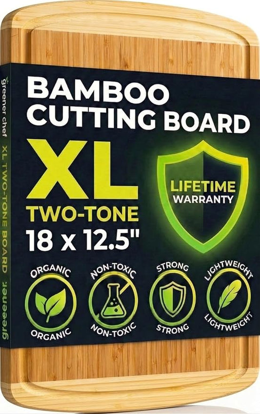 Greener Chef Luxury Bamboo Cutting Board (Extra Large) with Vertical Grain Strength Technology - Non Toxic, Spacious and Lightweight 18" XL Chopping Board Gift - Replacements for Life