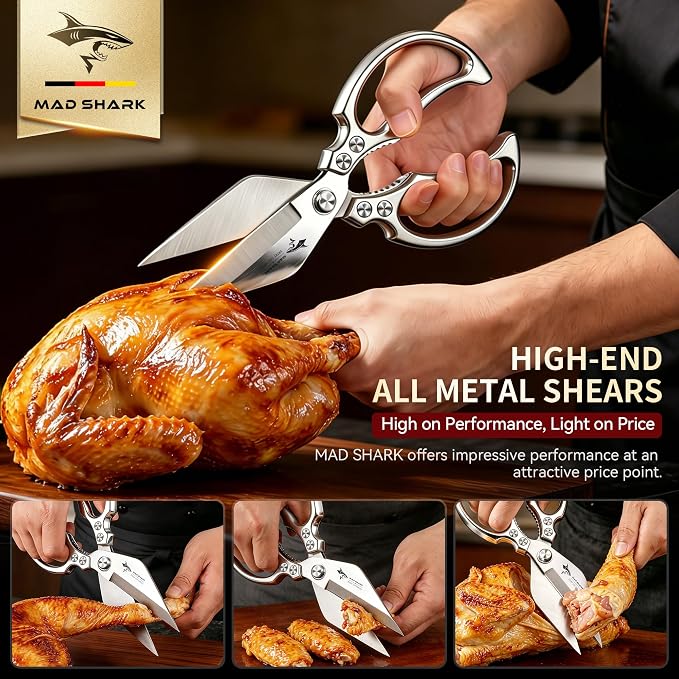 MAD SHARK Heavy Duty Kitchen Shears, Dishwasher Safe All Purpose Kitchen Scissors, Premium Sharp Poultry Shears for Turkey, Meat, Seafood, Vegetables, Stainless Steel Blades (Silver)