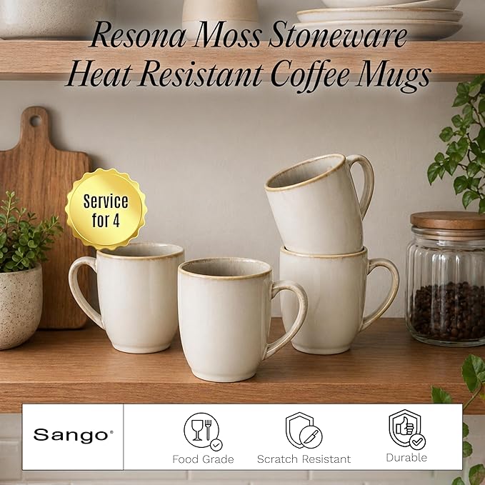 Sango Resona Moss Stoneware Heat Resistant Coffee Mugs, Microwave and Oven Safe, 12 oz, White, 4 Count