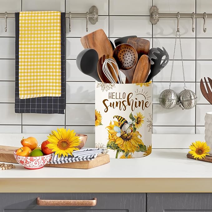pinata Sunflower Kitchen Decor Ceramic Utensil Holder, Cute Utensil Crock, Sunflower Kitchen Utensils for Farmhouse Indoor Gnomes Decorations for Home (6.3inch)