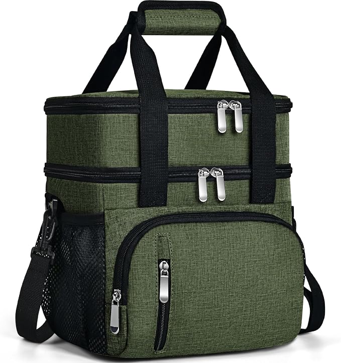 Insulated Lunch Bag for Men & Women, Double Leakproof Lunch Box Soft Cooler Tote with 5 Pockets, 600D Oxford, EVA Lining, Adjustable Strap for Work, Picnic, Beach&Travel-Army Green