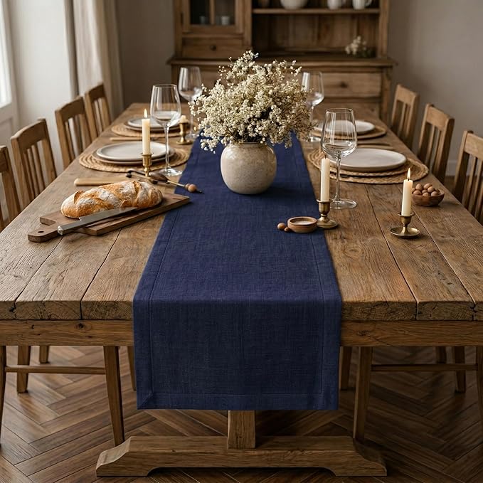 Solino Home Linen Navy Blue Table Runner 120 Inches Long - 100% Pure Linen 14 x 120 Inch Table Runner for 4th of July - Diana Medium Weight