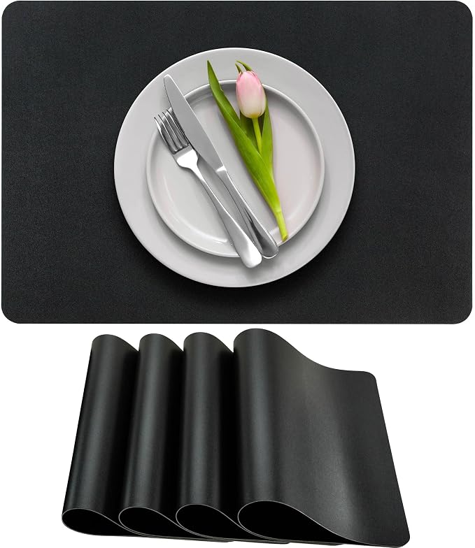 More Décor Faux Leather Placemats Set of 4 for Dining Table – Waterproof, Wipeable, Washable, Stain & Heat Resistant, Non-Slip Table Mats – 12 X 17 Inch (Solid Black, 4)