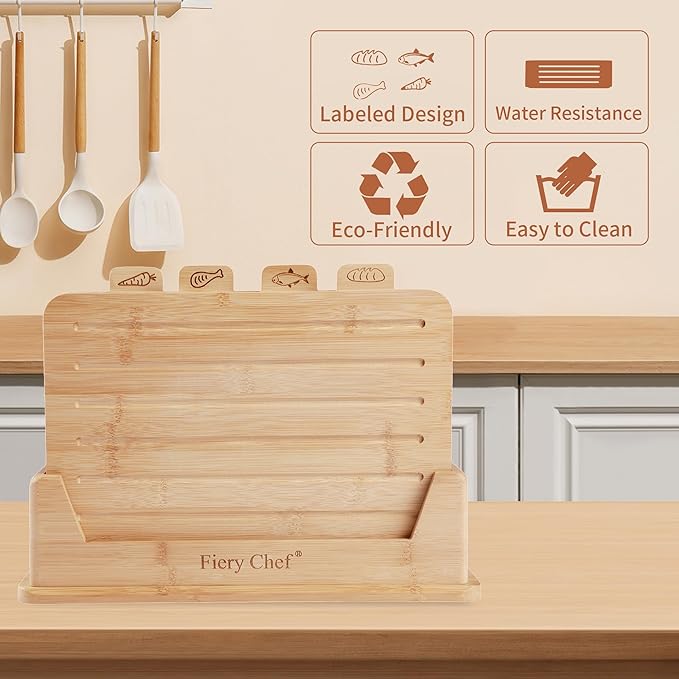 Fiery Chef 12.6"L x 9"W Bamboo Cutting Board Set of 4 - Wood Cutting Board Set with Holder, Chopping Boards Set with Food Icons, Juice Groove - Ideal for Meat, Fish, Bread, Vegetable, Fruit Chopping