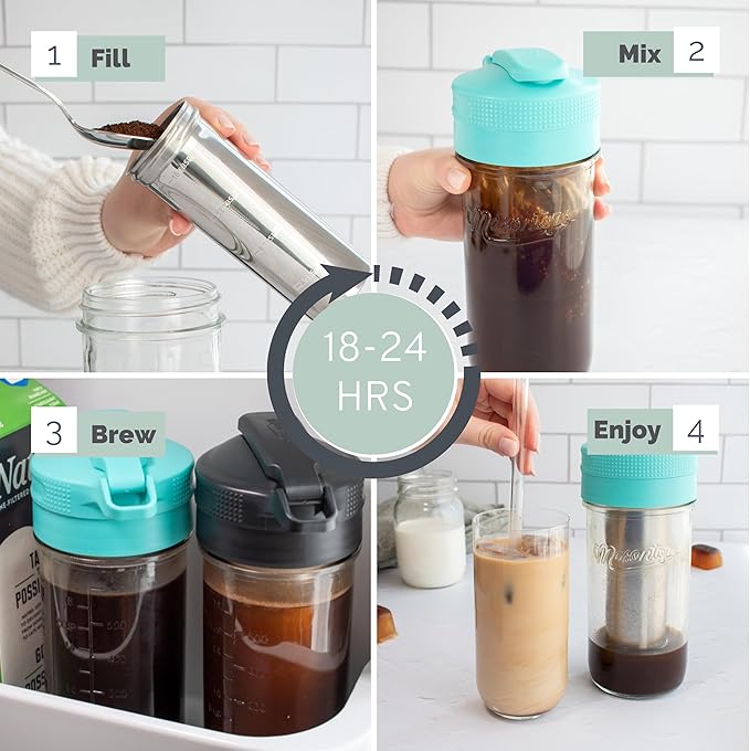 Masontops Cold Brew Makers Kit - Deluxe Iced Coffee Maker with Glass Pitcher & Stainless Steel Mesh Filter - Easy Pour Fridge Cold Brewer System