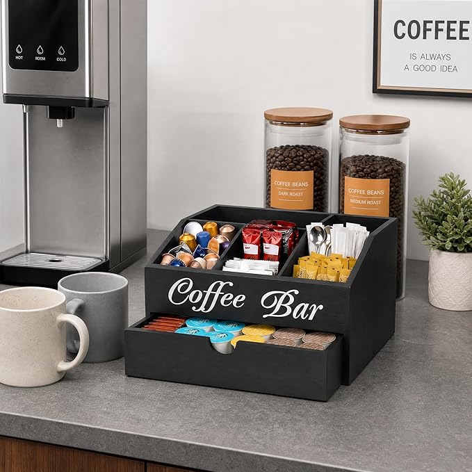 Coffee Station Organizer - Double Layer with Drawers, Country Style Coffee Bar Organizer, Farmhouse Coffee Capsule Storage Basket, Natural Solid Wood Material(Black Double Layer)