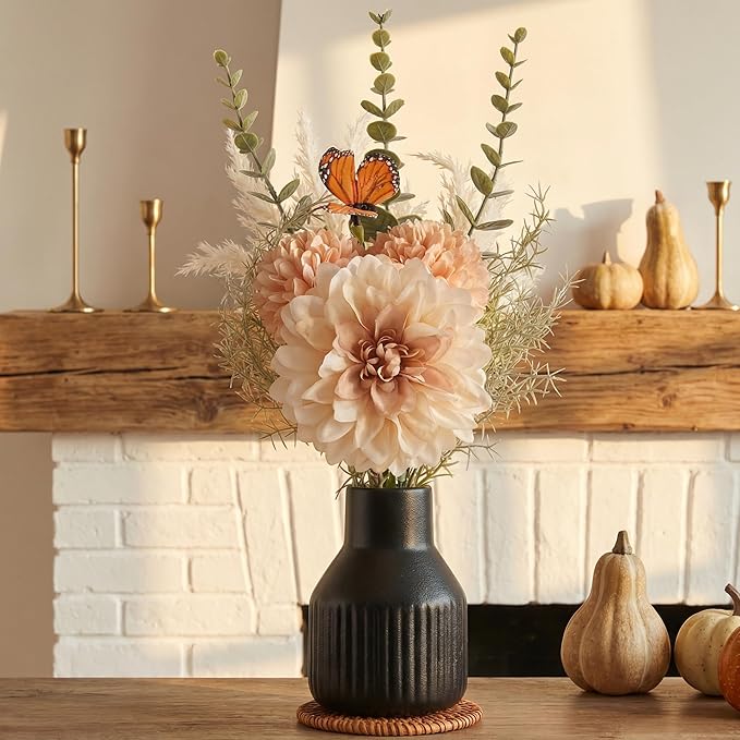 Small Fake Flowers in Vase 14"Centerpiece Table Decorations Silk Flowers Arrangements Ceramic Vase Dahlia Chrysanthemum Artificial Flowers Bouquet for Bathroom Dining Room Kitchen Wedding (Black)