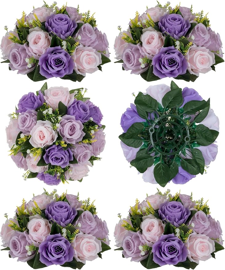 BLOSMON Wedding Flower Centerpieces for Tables: 6 Pcs Pink Purple Roses | Artificial Silk Flower Balls Arrangement Decorations for Home - Fake Silk Floral Bouquet with Base Party Reception Decor