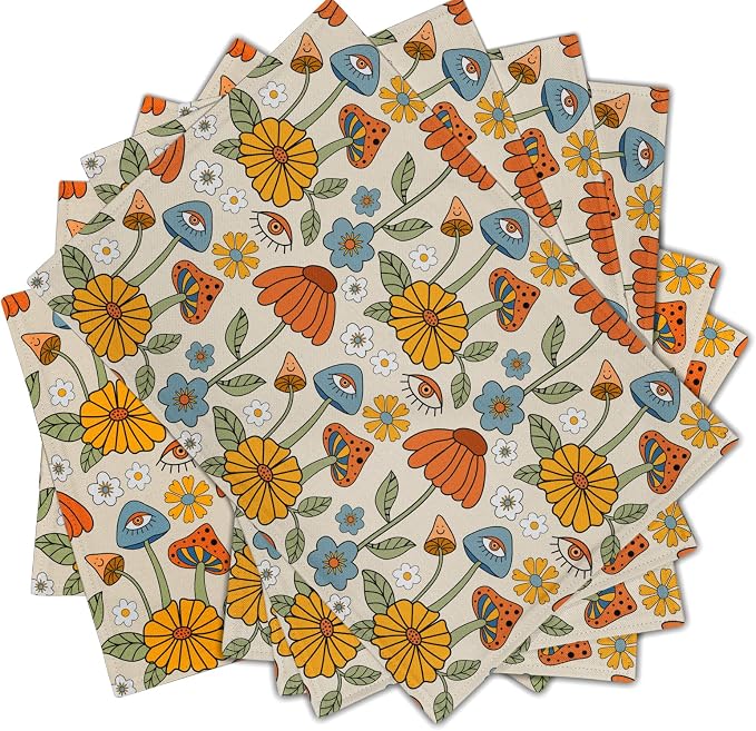 Retro Boho Floral Placemats Set of 6 70s Vintage Cute Abstract Mushrooms Fun Linen Washable Kitchen Dining Table Mats Stain Heat-Resistant Desktop Decor Place Mats for Home Party Dinner 12x18 in…