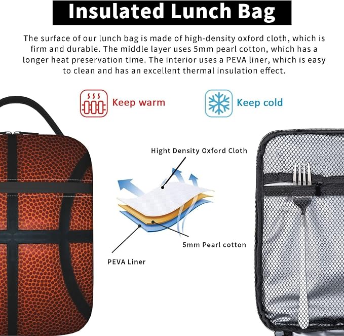Basketball Ball Sport Appearance Insulated Lunch Bag Portable Reusable Zipper Lunch Box For Men Women Work Picnic Travel Camping