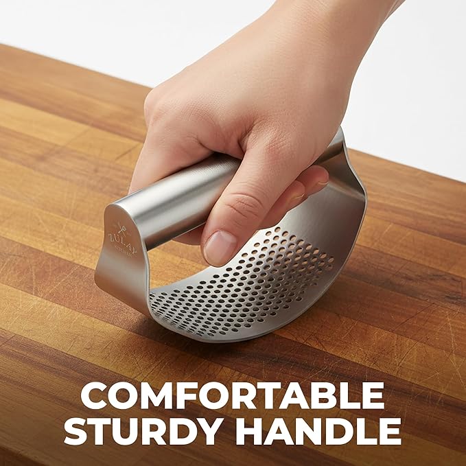 Zulay Kitchen Stainless Steel Garlic Press Rocker Set - Time Saving, Durable Strong Garlic Mincer Tool - Easy to Use & Clean Garlic Crusher Set with Peeler and Scraper Kitchen Gadget Smasher
