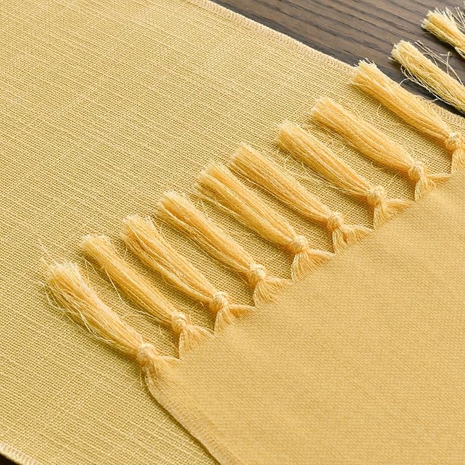 Artoid Mode Yellow Tassel Table Runner, Summer Linen Blend Rustic Farmhouse Style Kitchen Table Decoration Holiday Wedding Party Dinning Decor 13x90 Inch