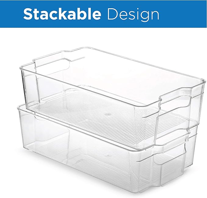 Set Of 6 Refrigerator Organizer Bins - Stackable Fridge Organizers for Freezer, Kitchen, Countertops, Cabinets - Clear Plastic Pantry Storage Racks