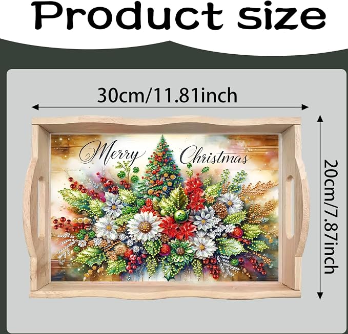 BAYUNOE DIY Diamond Serving Tray Christmas Rectangular Breakfast Tray with Handle Handmade Diamond Art Painting Wooden Tray for Dinner Plate Coffee Room Living Home Organizer-Christmas Flowers
