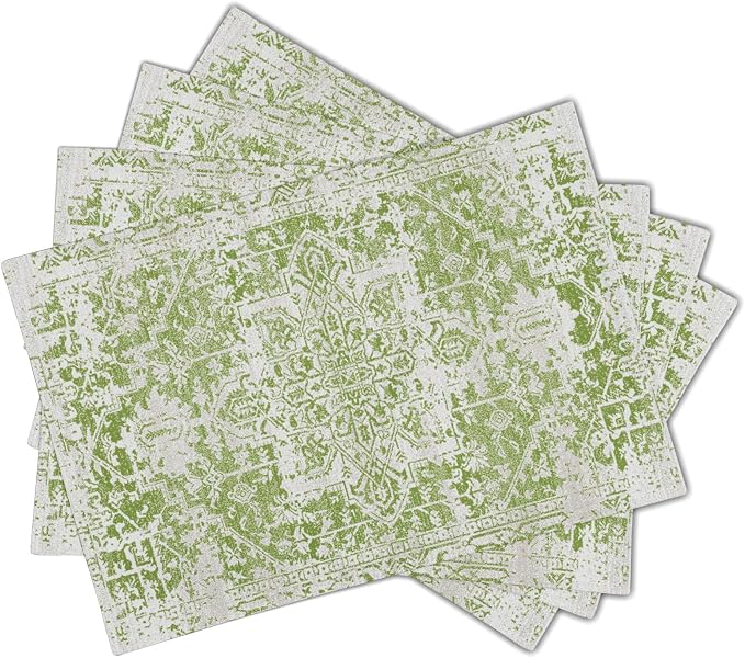 Gray Lime Green Boho Placemats Set of 4 Ethnic Bohemian Carpet Place Mats Washable Kitchen Dining Vintage Grey Geography Floral Linen Table Mats Stain Heat-Resistant for Home Party Indoor 12x18 in