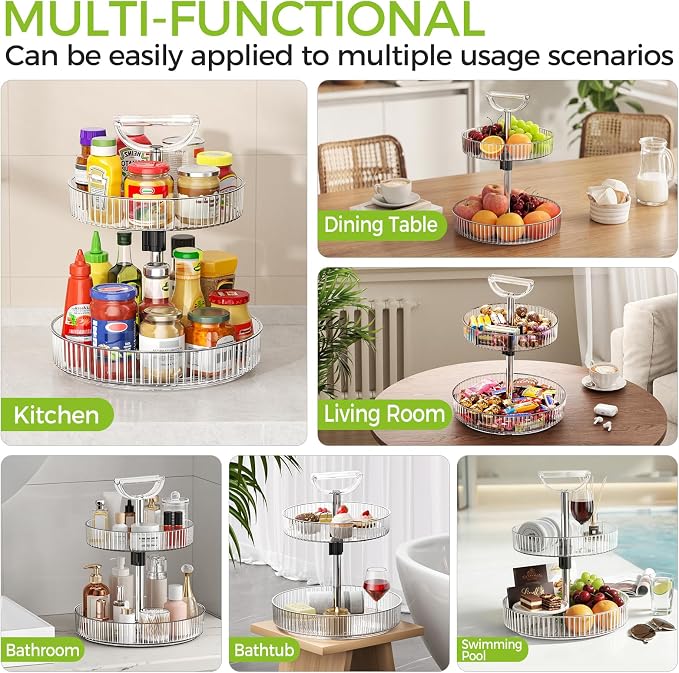 2-Tier Rotating Organizer with Handle – Adjustable Shelf, 360° Lazy Susan Turntable for Kitchen Countertop, Bathroom, Pantry – Multi-Functional Storage for Spices, Cosmetics, Snacks, Fruits