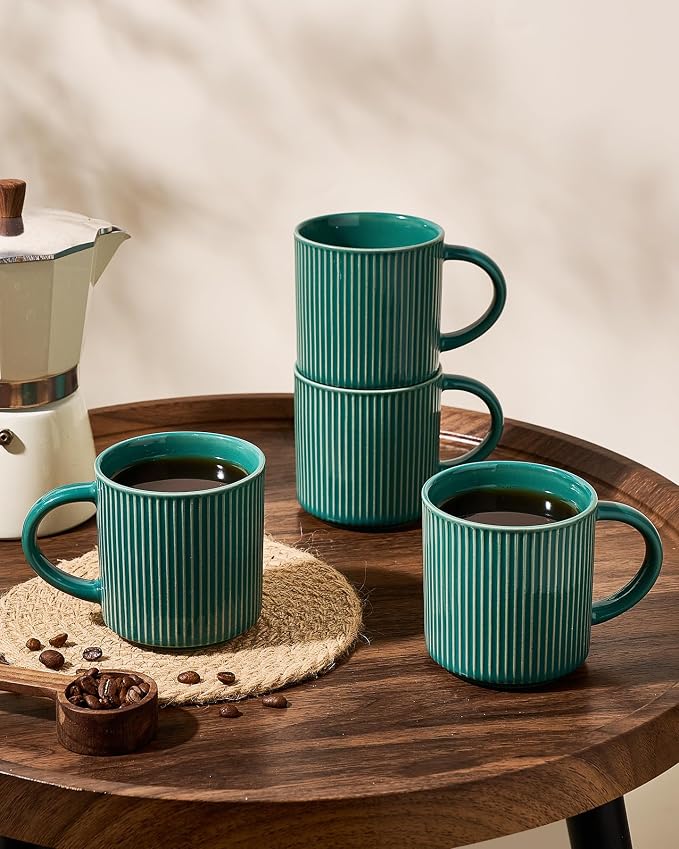 famiware Coffee Mug Set for 4, Star 12 oz Catering Mugs Cup Set with Handle for Coffee, Tea, Cocoa, Milk- Ceramic Stoneware Drinkware Set, Sage Green